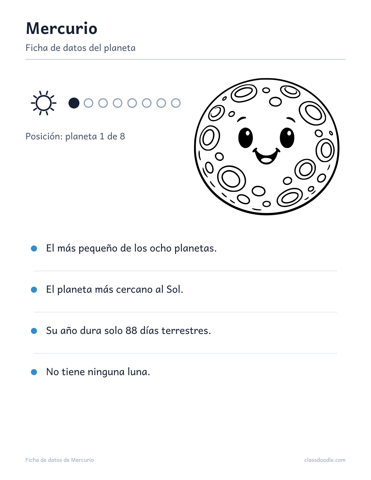 ficha de datos de Mercurio para niños, sistema solar