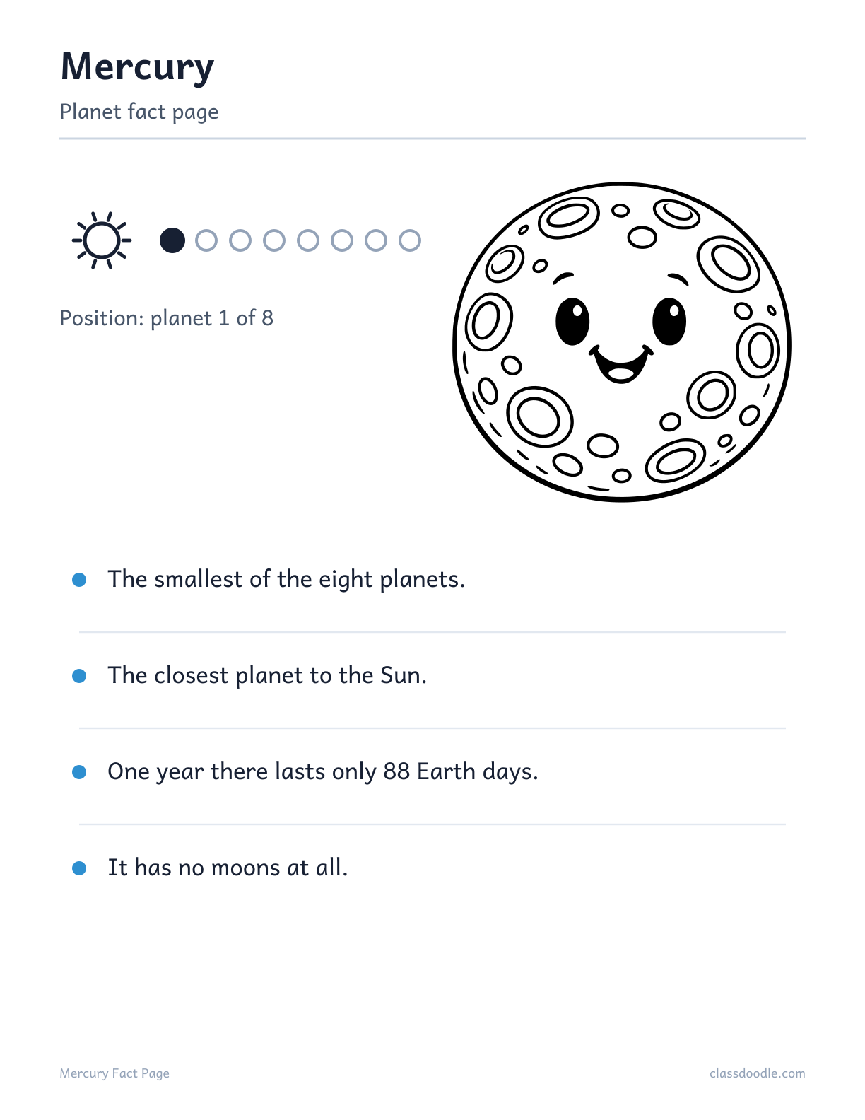 Mercury fact page for kids from the solar system worksheets