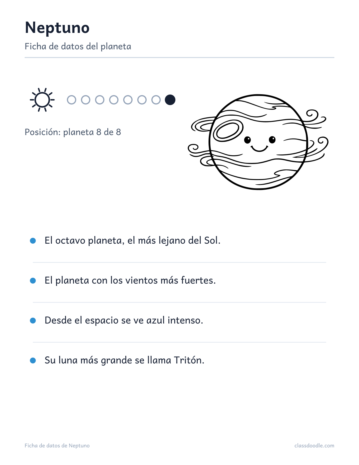 ficha de datos de Neptuno para niños, sistema solar