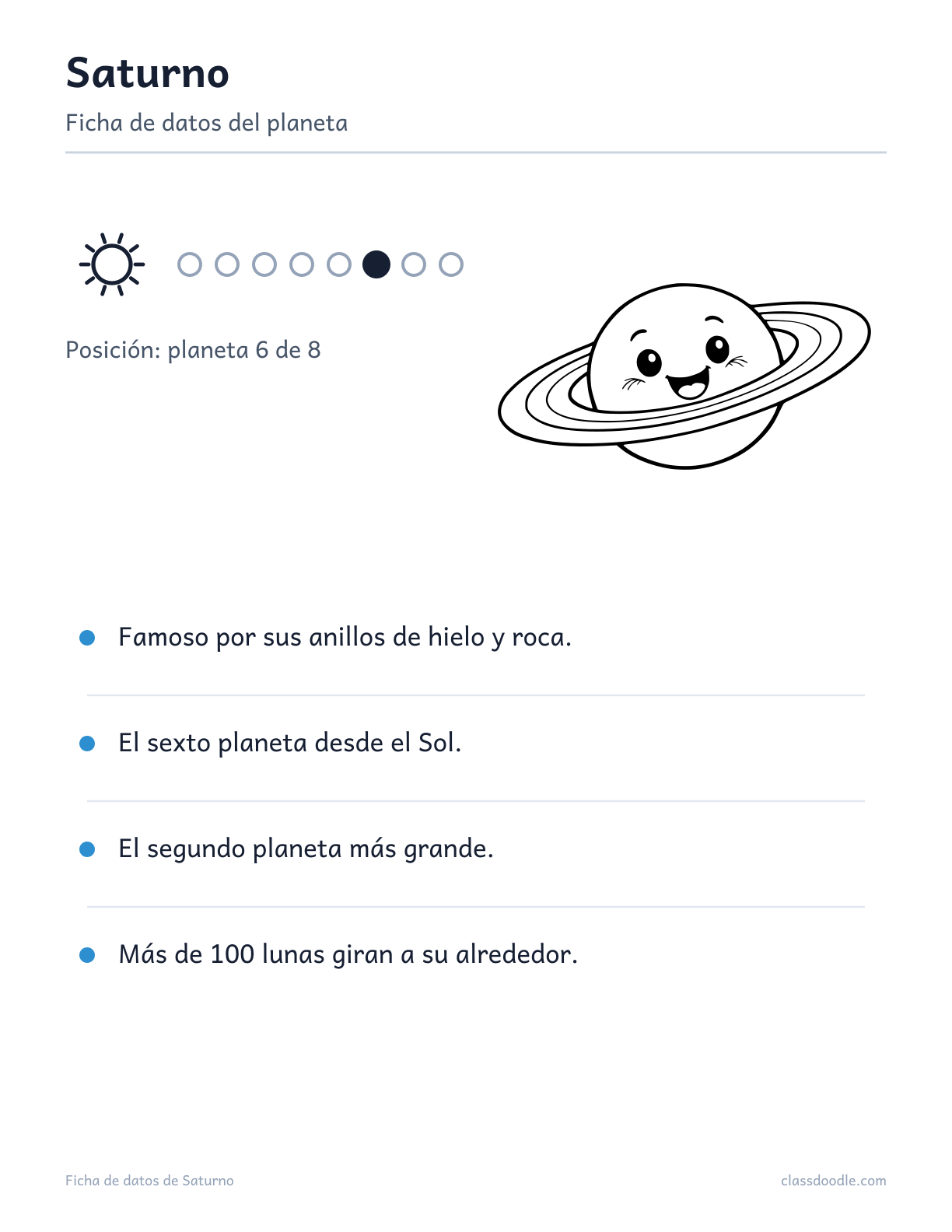 ficha de datos de Saturno para niños, sistema solar