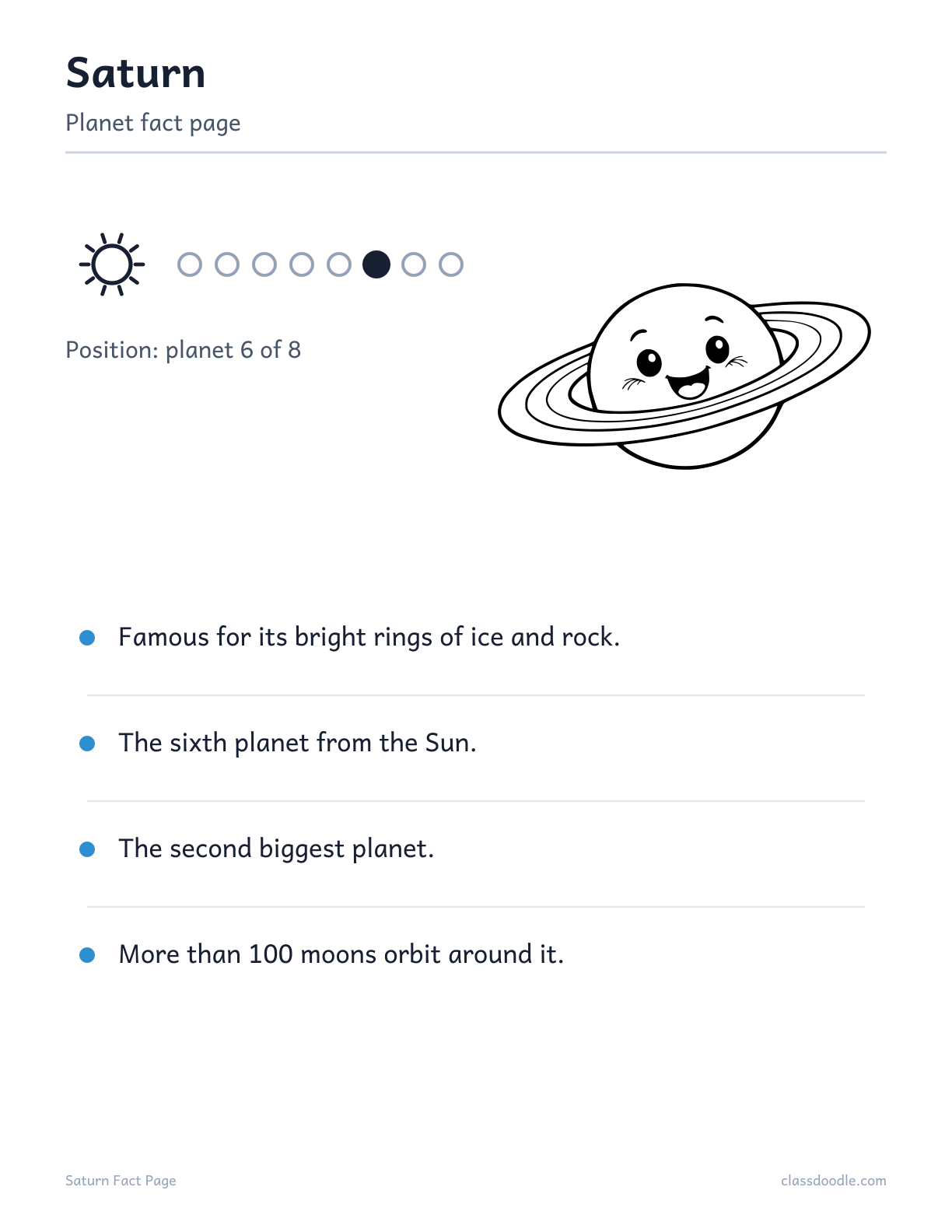 Saturn fact page for kids from the solar system worksheets