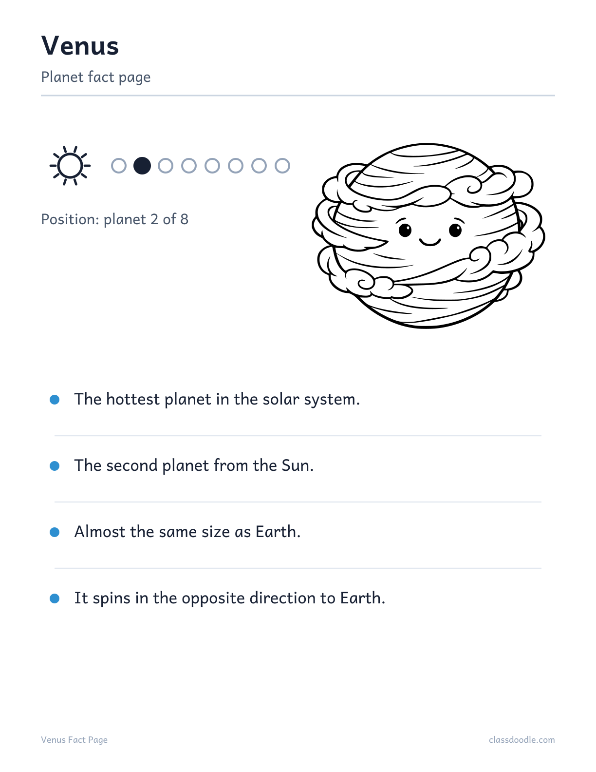 Venus fact page for kids from the solar system worksheets