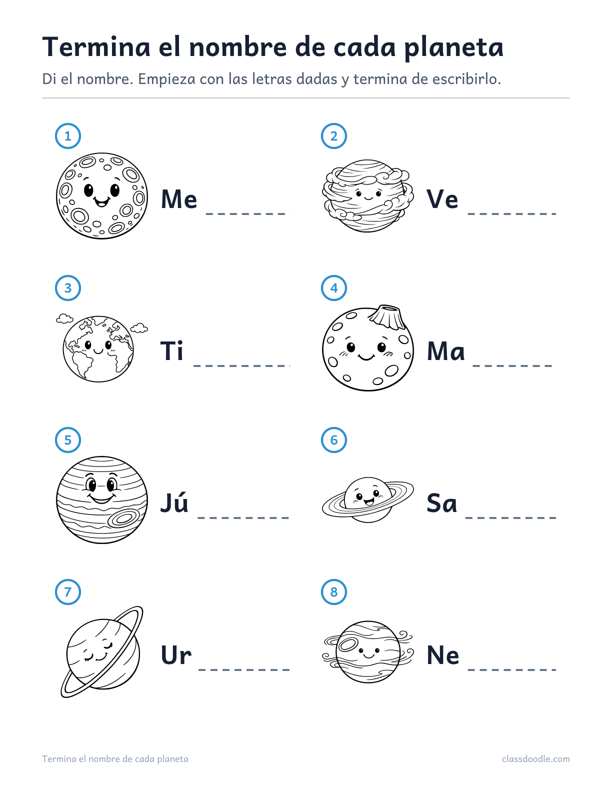 ficha de planetas para preescolar y kinder con pistas de letras