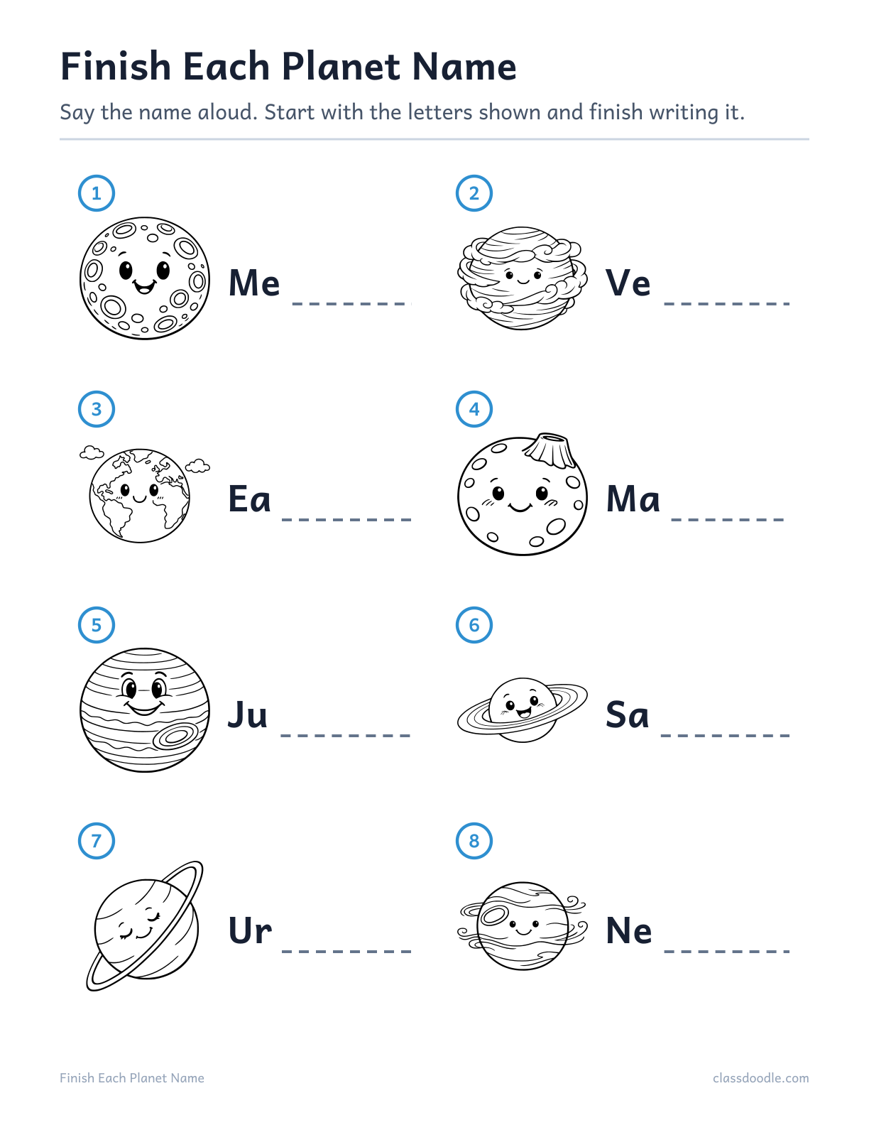 kindergarten planet labeling worksheet with letter hints