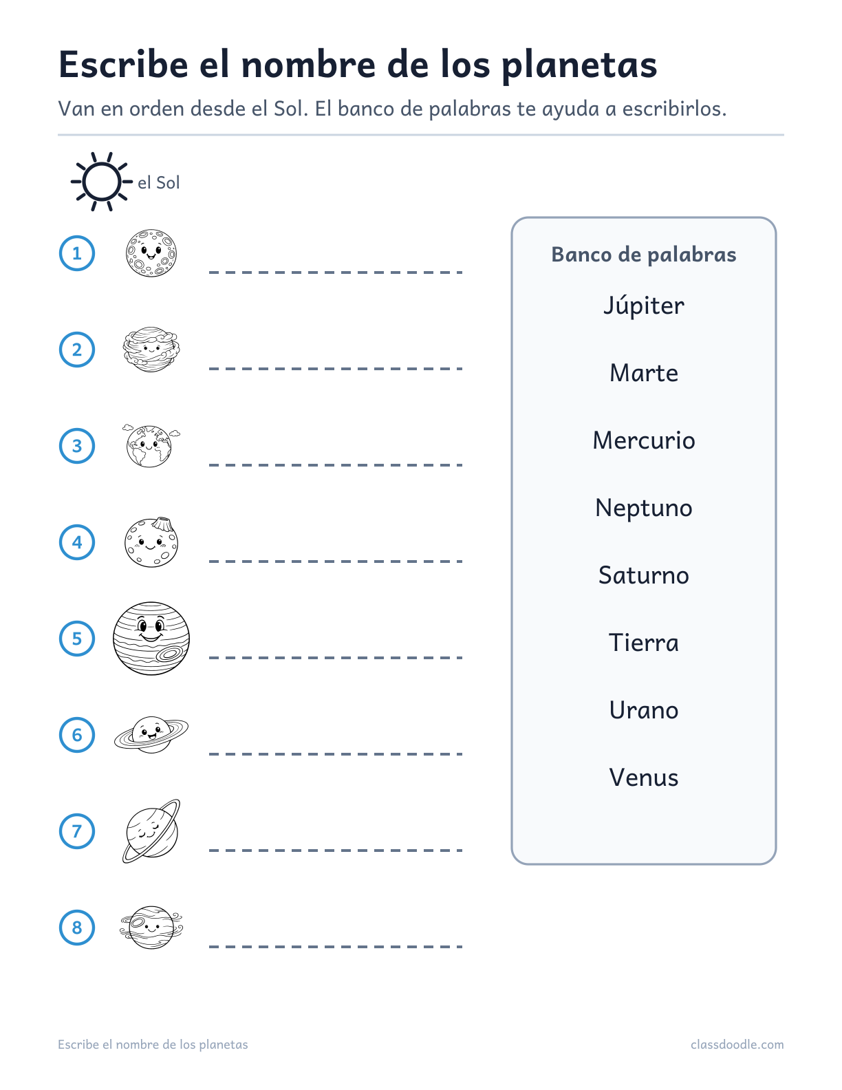 ficha para escribir los nombres de los planetas con banco de palabras