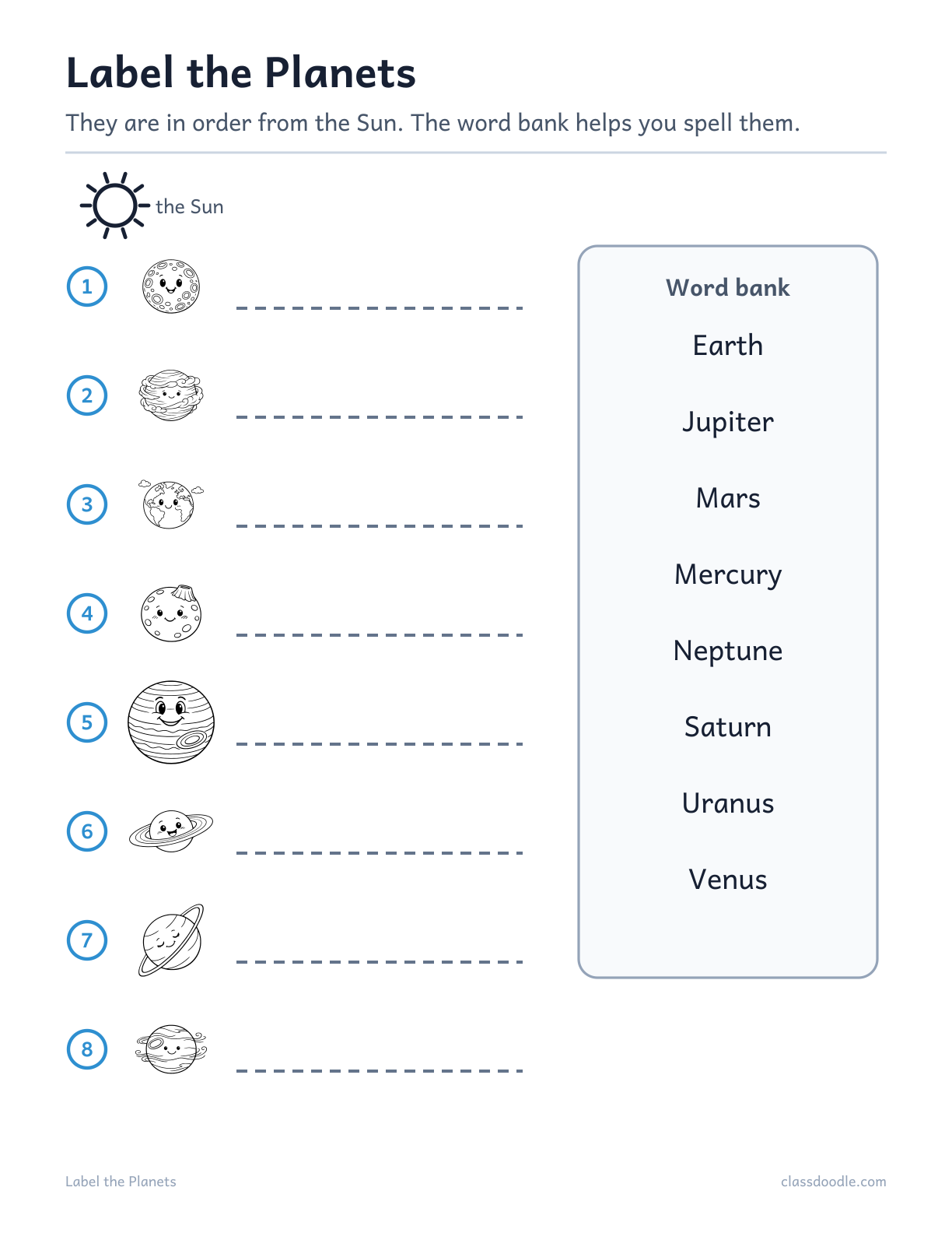 label the planets worksheet with word bank and answer key