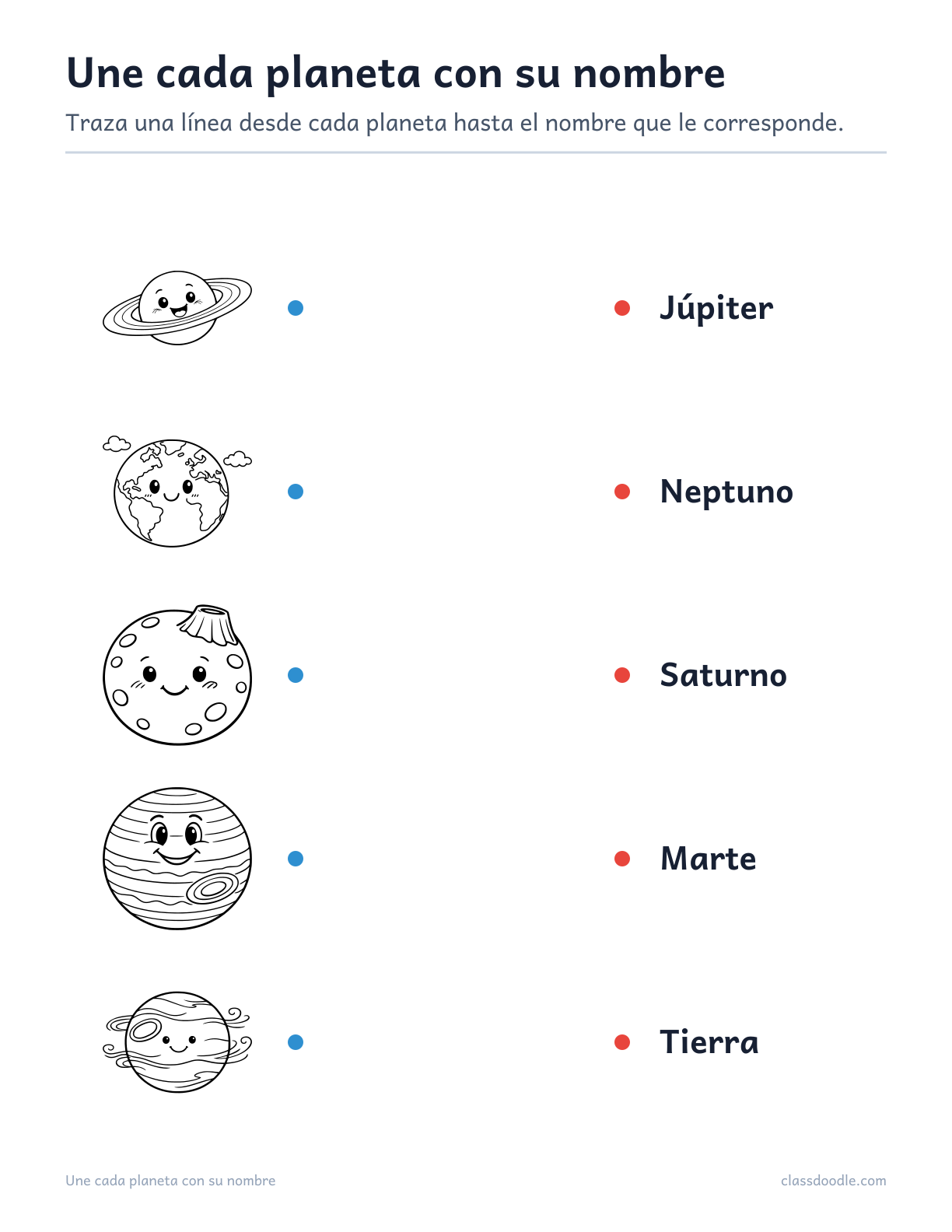 ficha de unir cada planeta con su nombre para los más pequeños