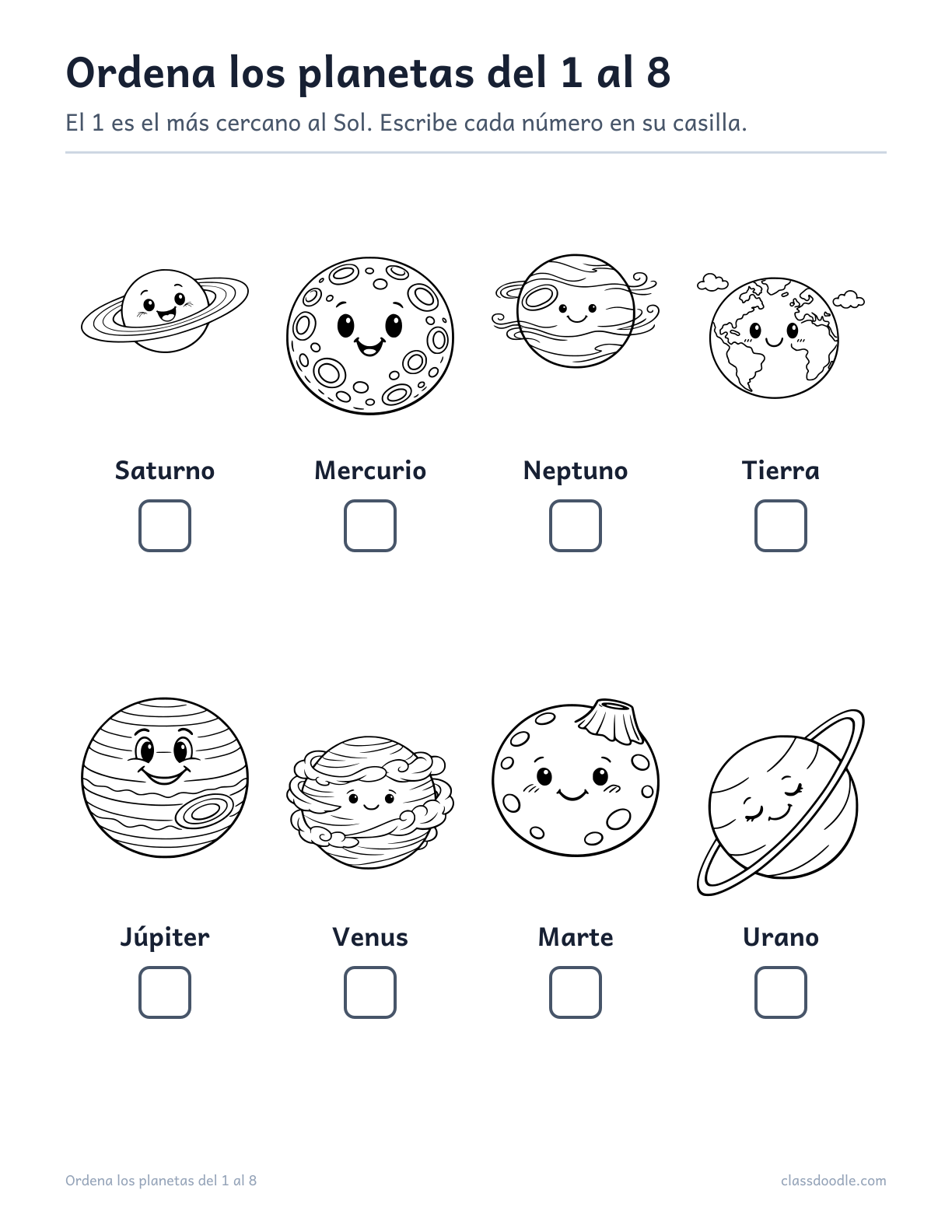 ficha para ordenar los planetas del 1 al 8 desde el Sol