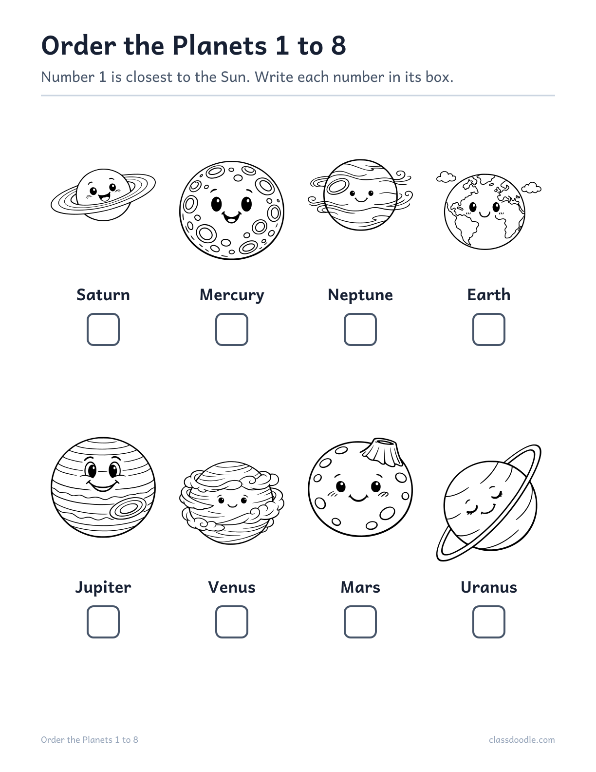 order the planets worksheet, number them 1 to 8 from the Sun