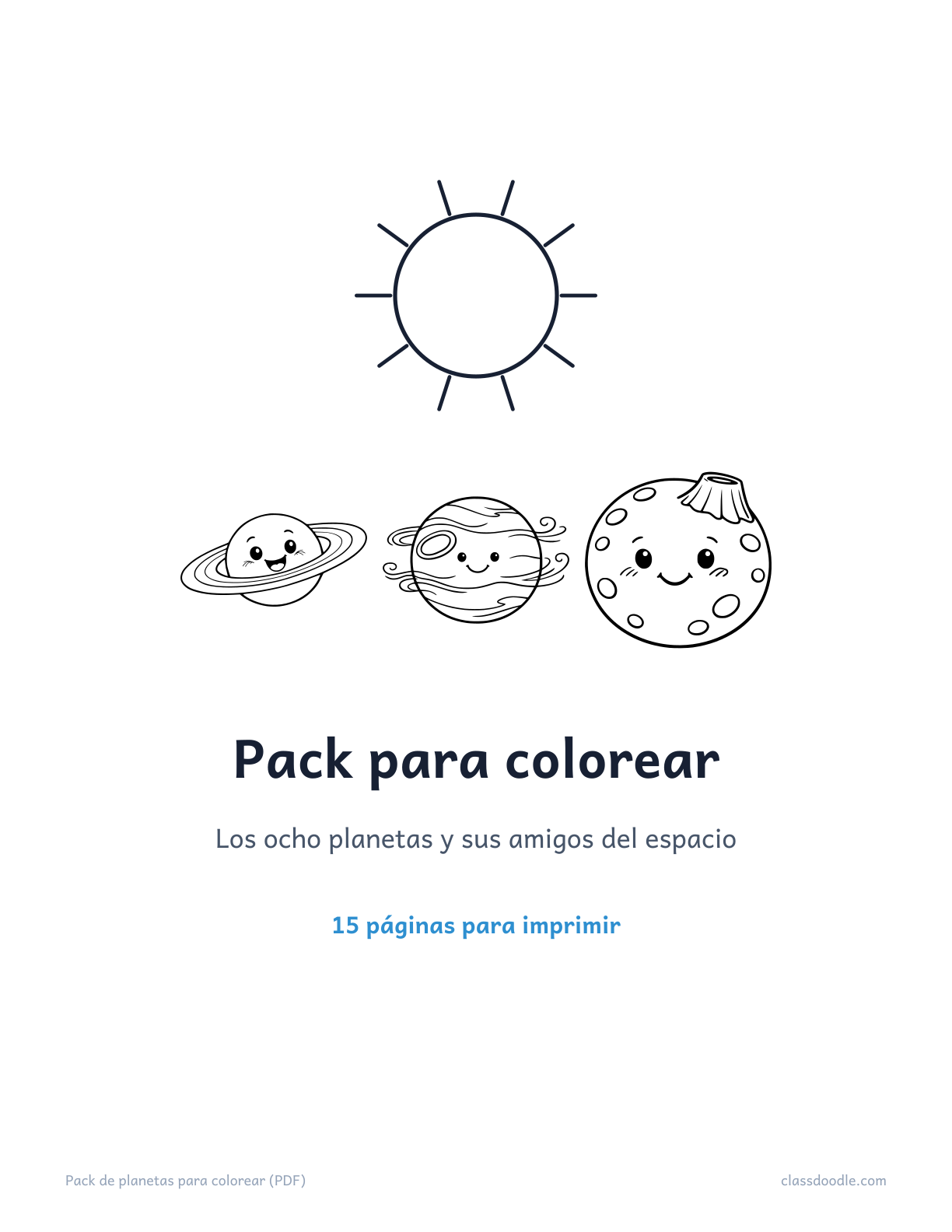 pack de planetas para colorear, 15 páginas del sistema solar en un PDF