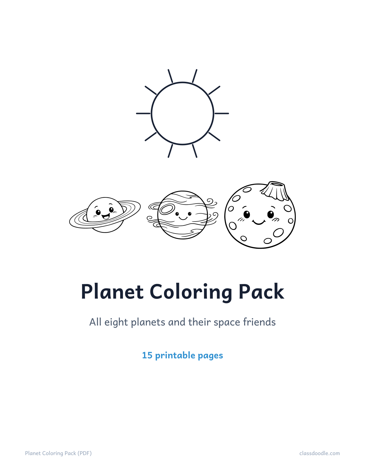 planet coloring pack, 15 free solar system coloring pages in one PDF