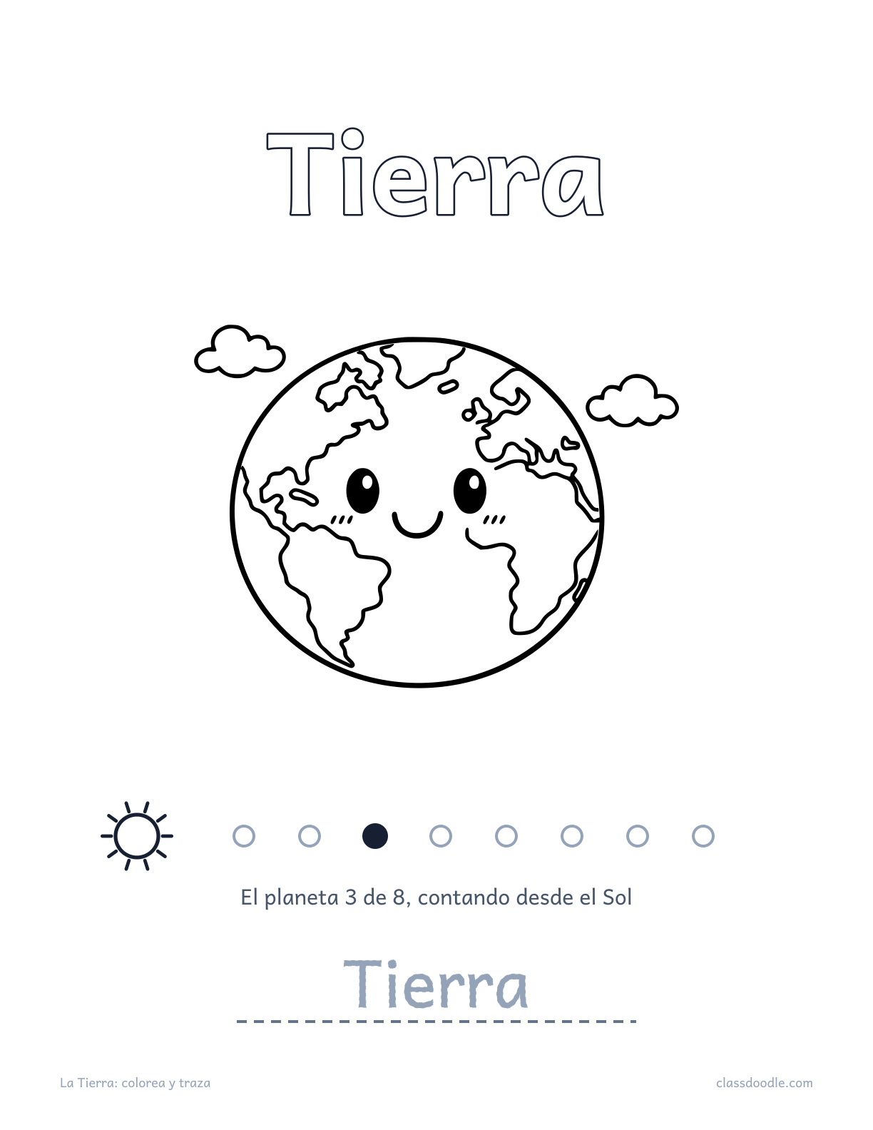 Ficha de la Tierra del sistema solar con nombre para trazar