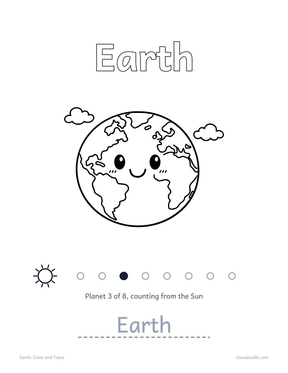 Earth worksheet from the solar system worksheets set with name tracing