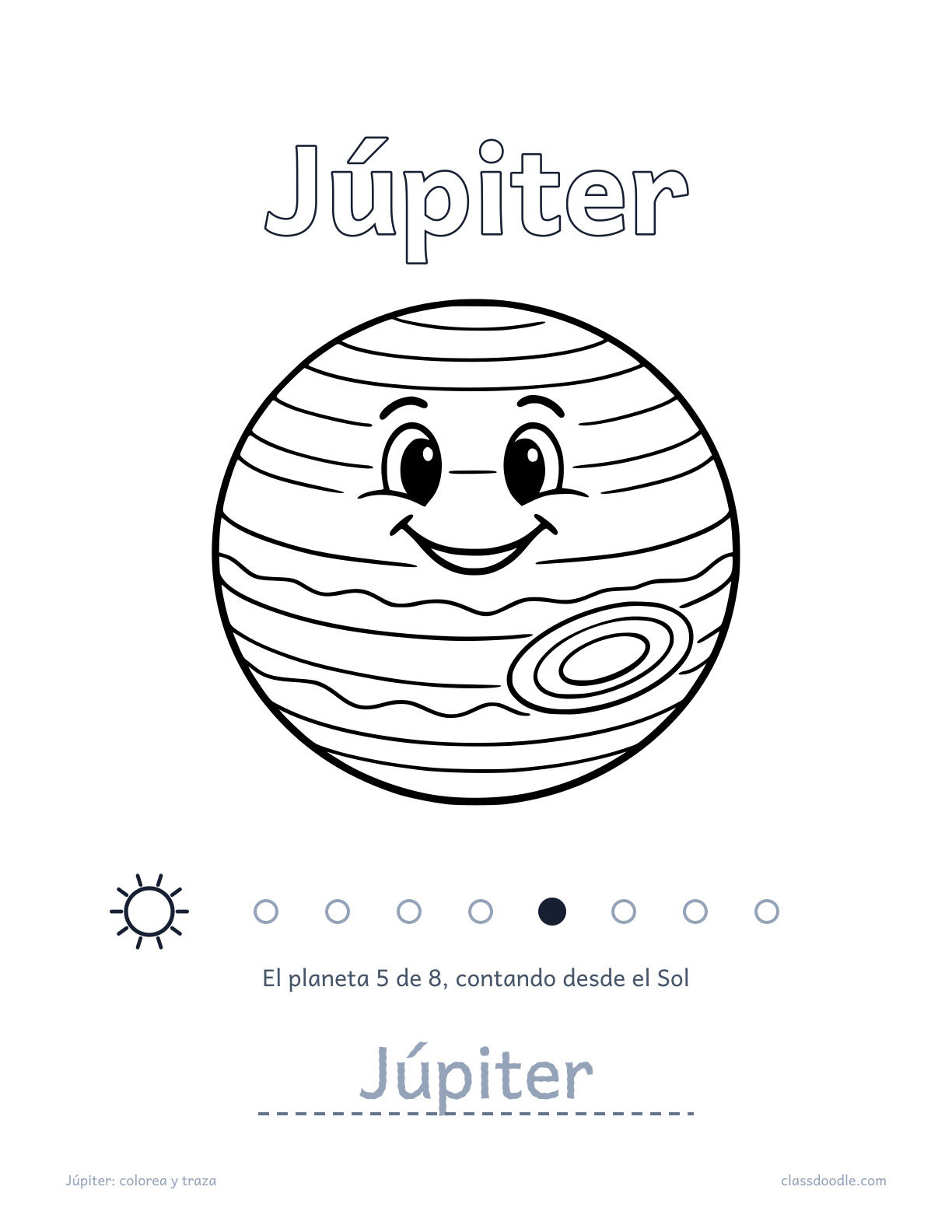 Ficha de Júpiter del sistema solar con nombre para trazar