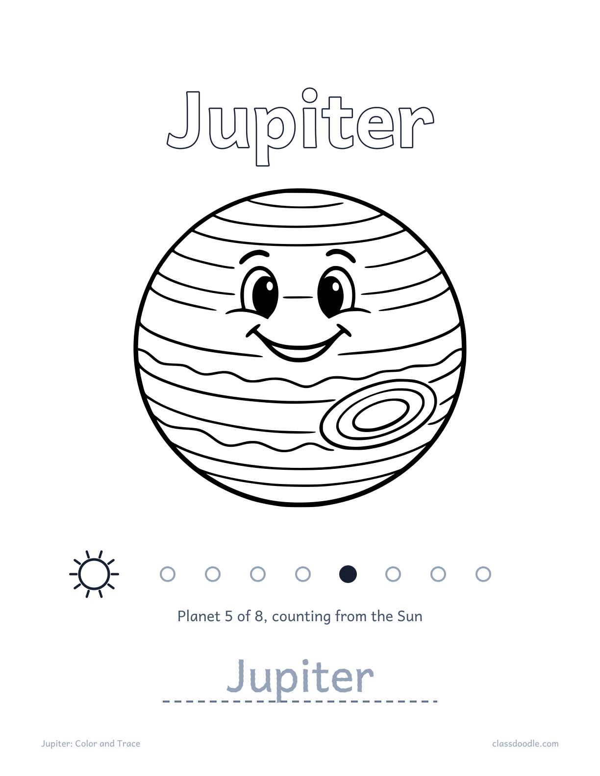 Jupiter worksheet from the solar system worksheets set with name tracing