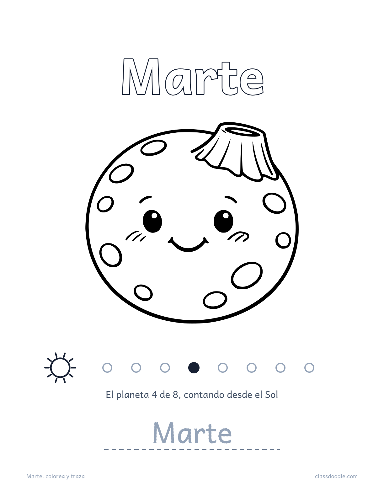 Ficha de Marte del sistema solar con nombre para trazar