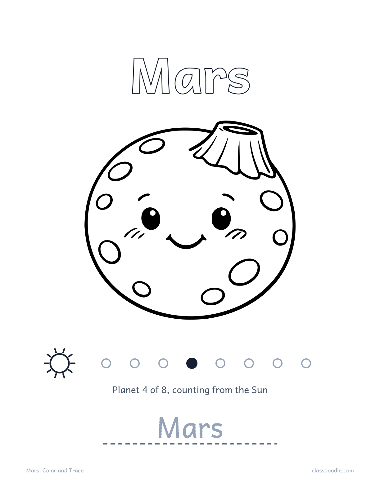 Mars worksheet from the solar system worksheets set with name tracing
