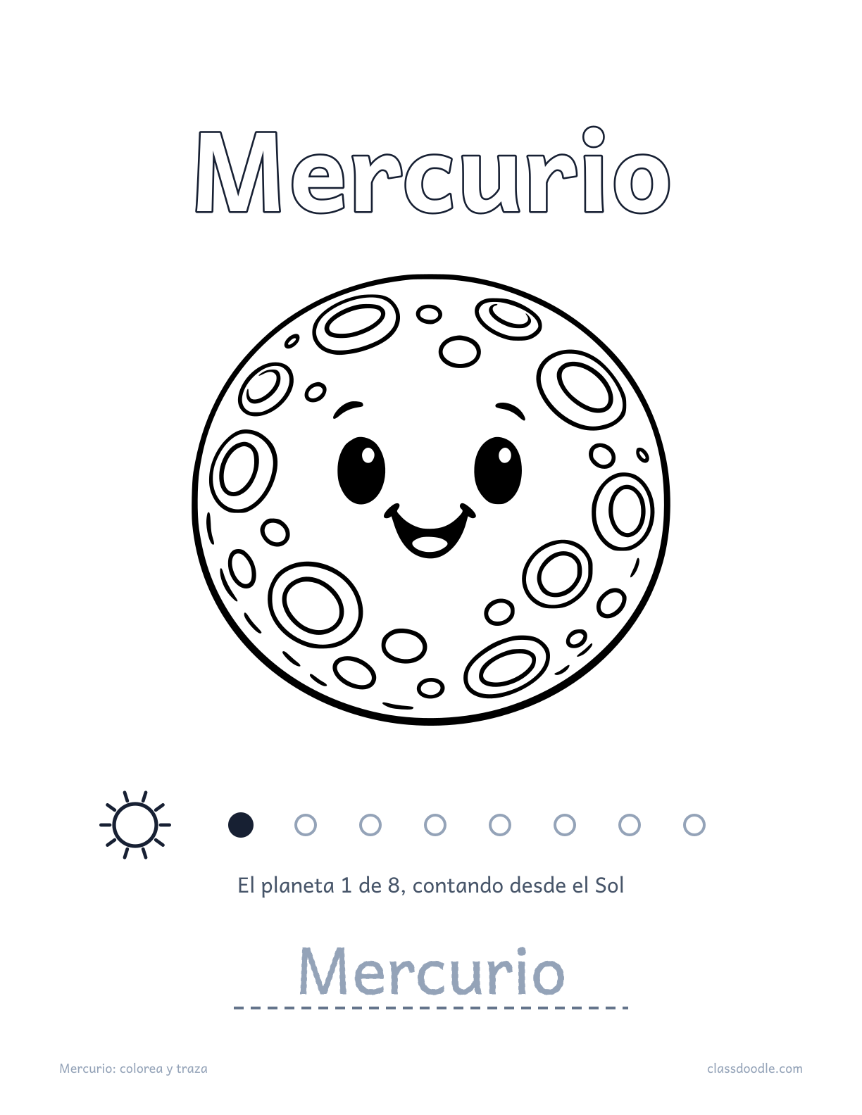 Ficha de Mercurio del sistema solar con nombre para trazar