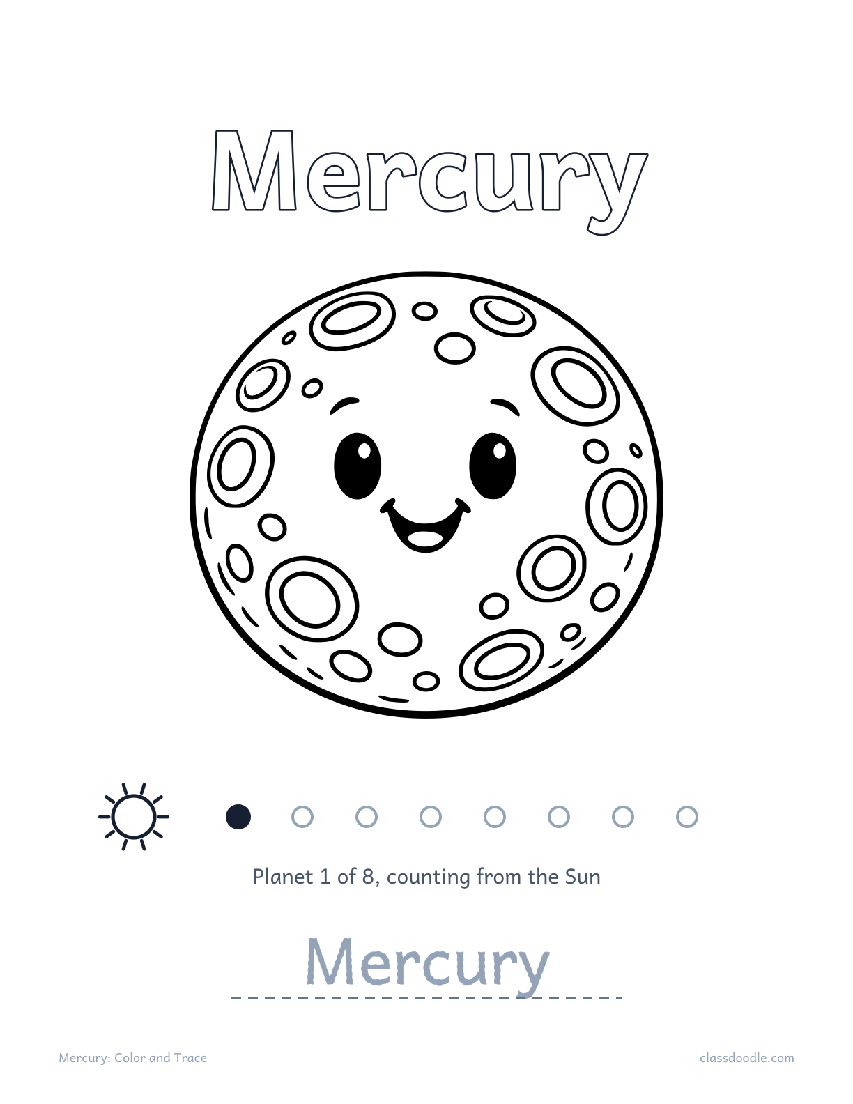 Mercury worksheet from the solar system worksheets set with name tracing