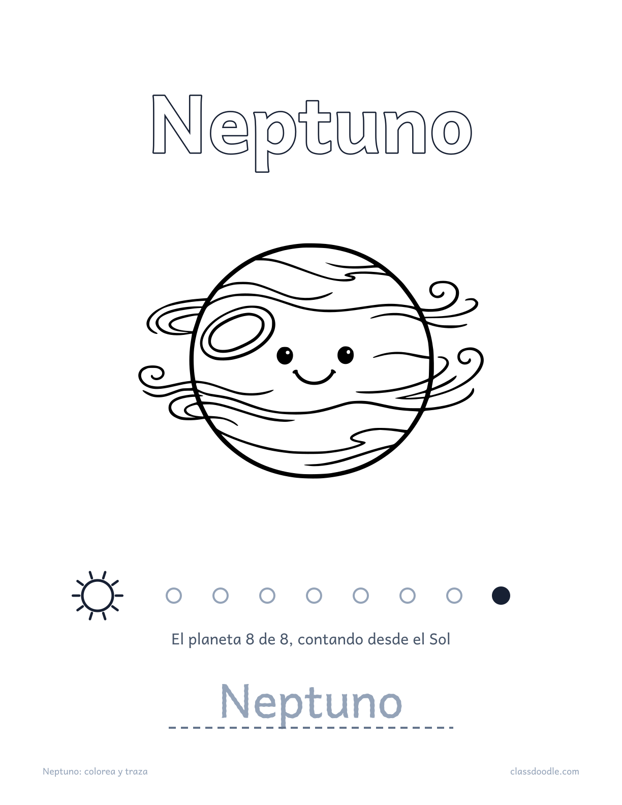Ficha de Neptuno del sistema solar con nombre para trazar