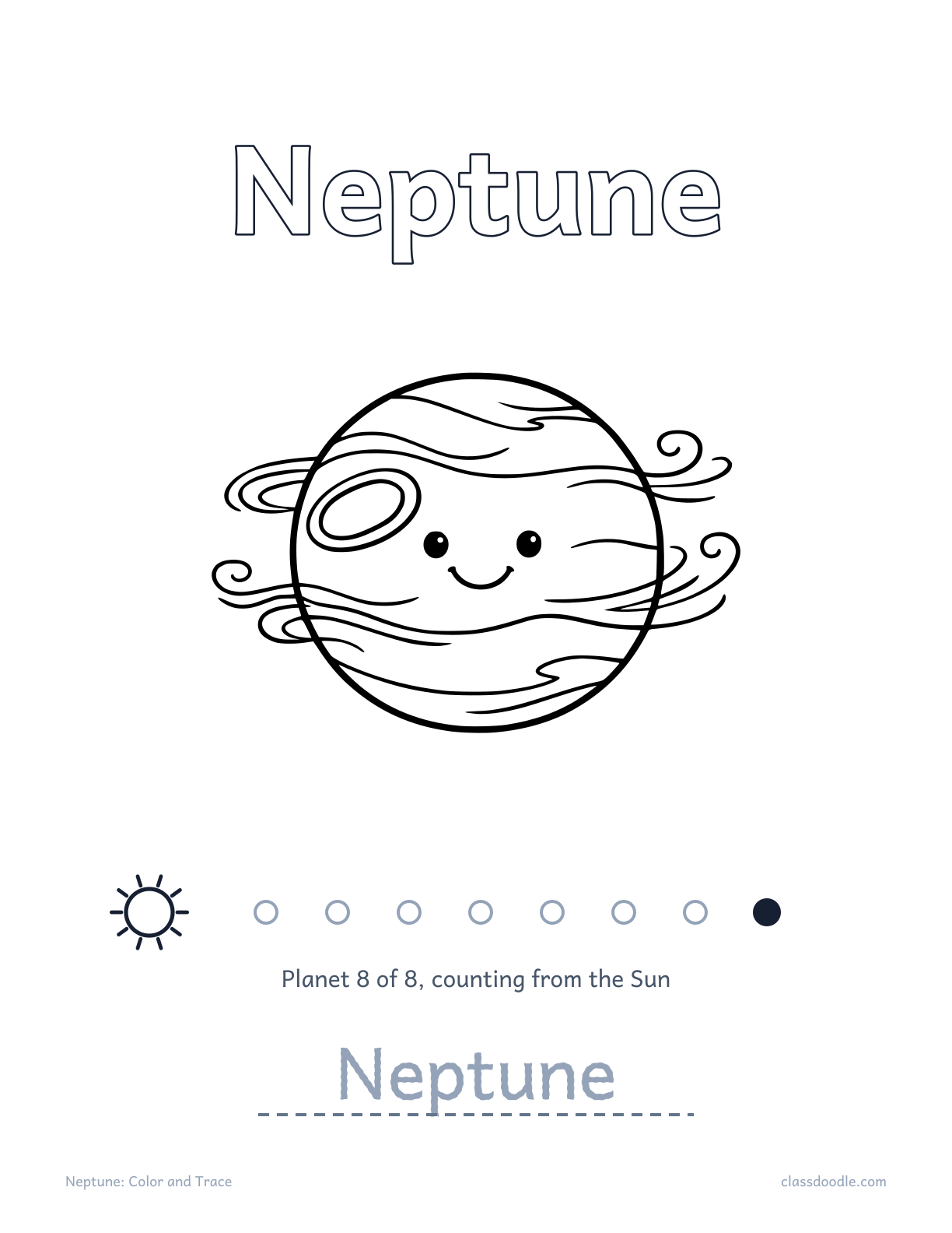 Neptune worksheet from the solar system worksheets set with name tracing