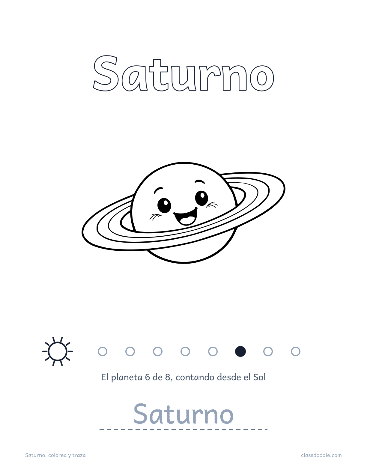 Ficha de Saturno del sistema solar con nombre para trazar
