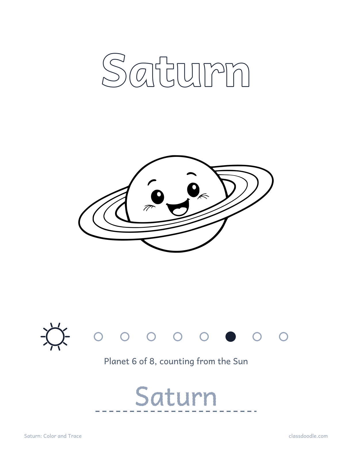 Saturn worksheet from the solar system worksheets set with name tracing
