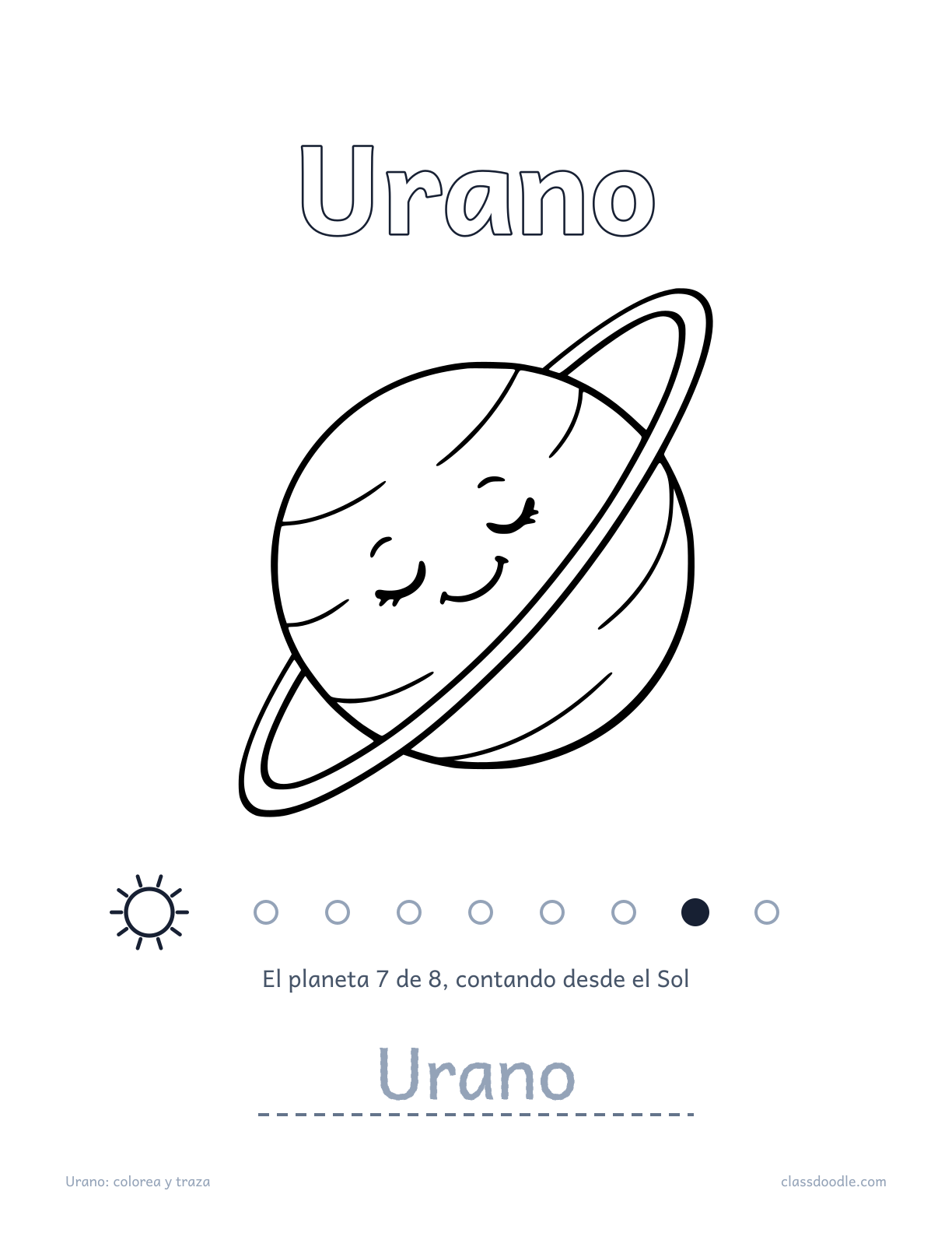 Ficha de Urano del sistema solar con nombre para trazar