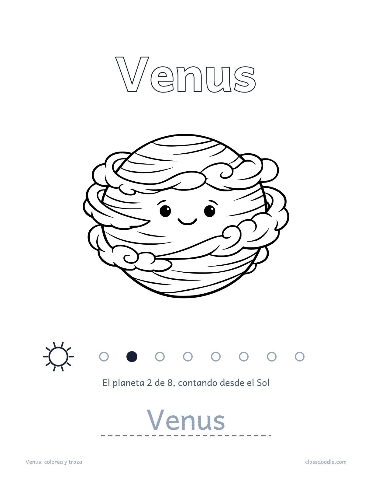 Ficha de Venus del sistema solar con nombre para trazar