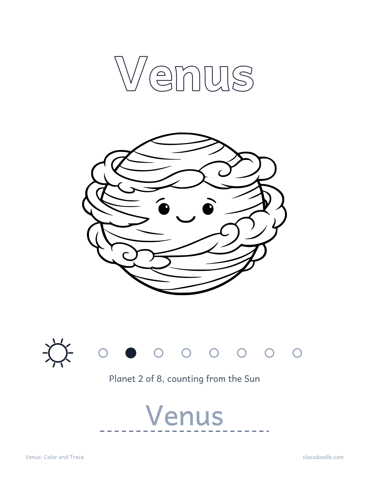 Venus worksheet from the solar system worksheets set with name tracing