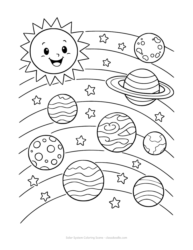 solar system coloring page with the sun and all eight planets