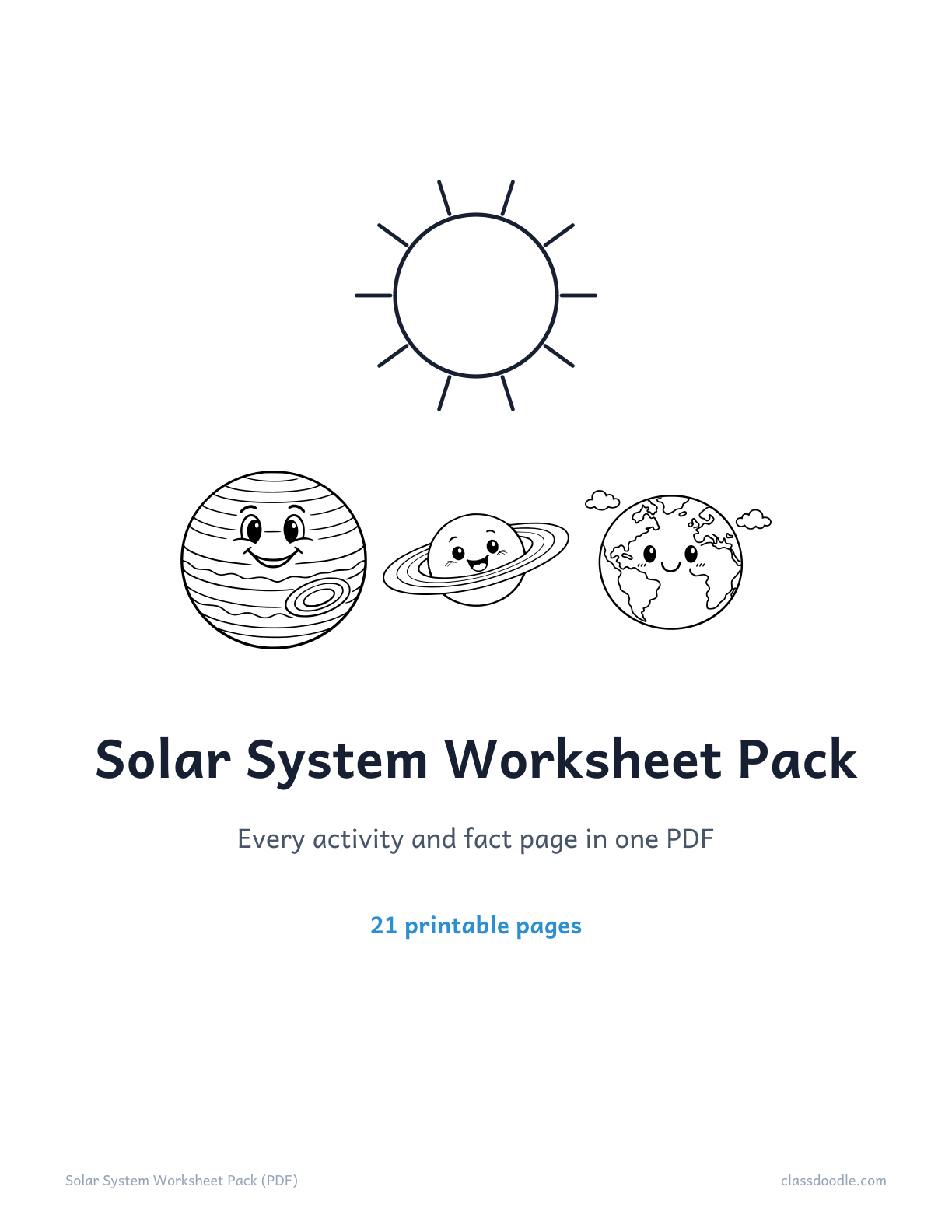 free printable solar system worksheet pack, one PDF set