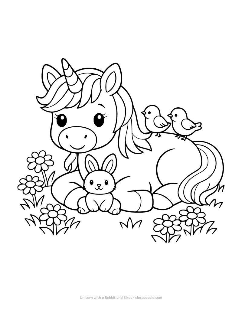 Unicorn coloring page with a rabbit and two birds resting on it