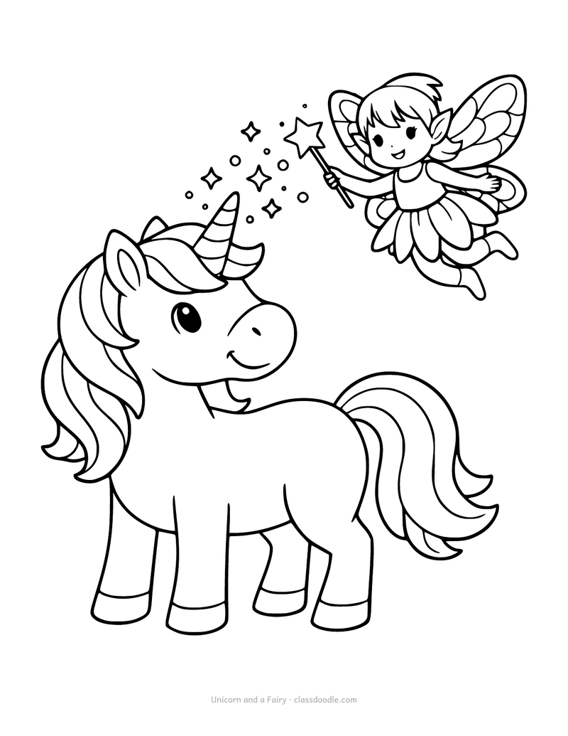 Unicorn and fairy coloring page with a fairy hovering by the horn