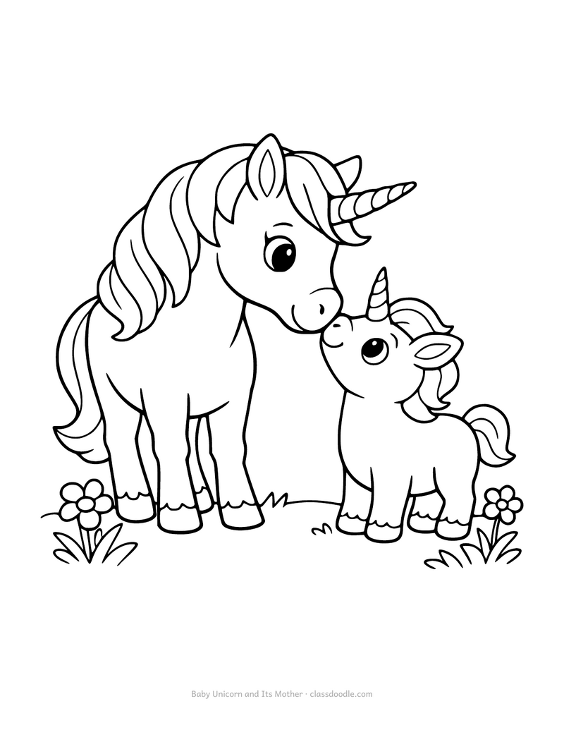 Baby unicorn coloring page with a foal and its mother touching noses