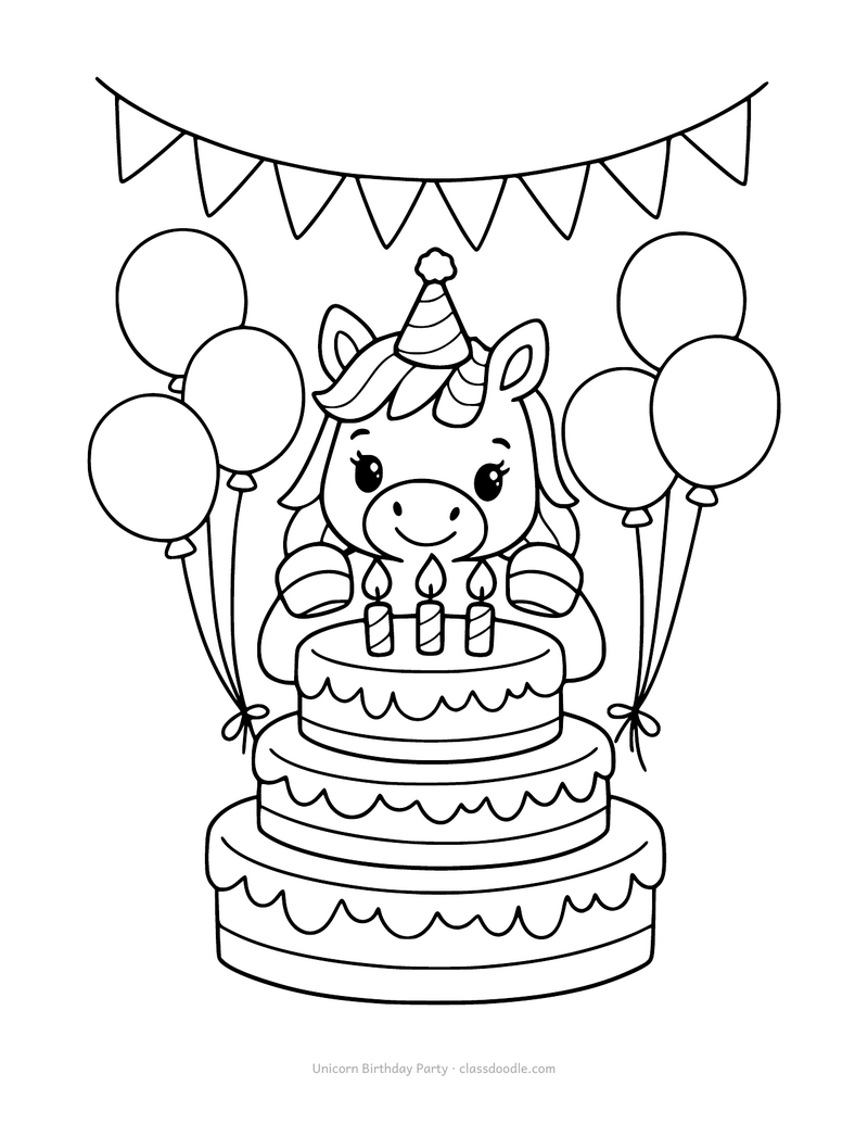 Unicorn birthday coloring page with a party hat, cake and balloons