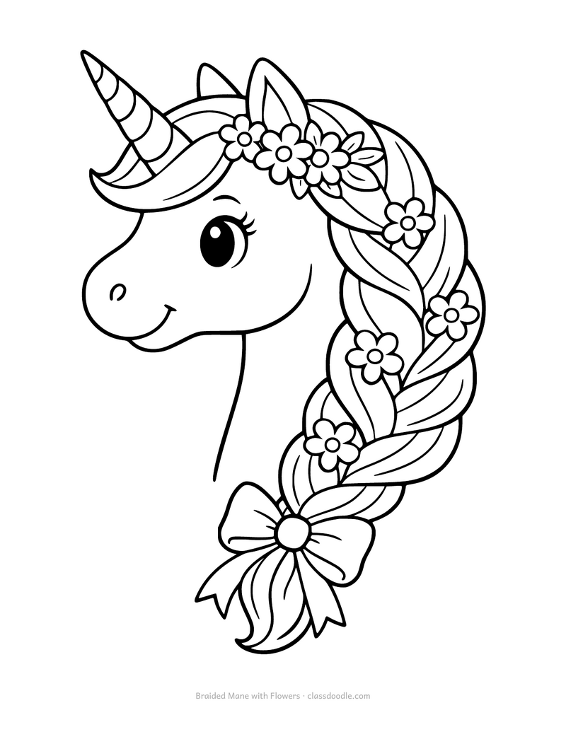 Unicorn coloring page with a braided mane full of small flowers