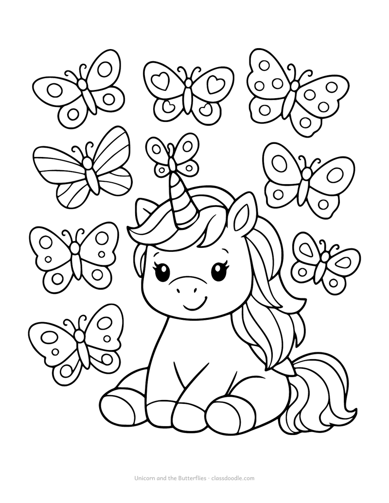 Unicorn coloring page with eight butterflies circling the mane