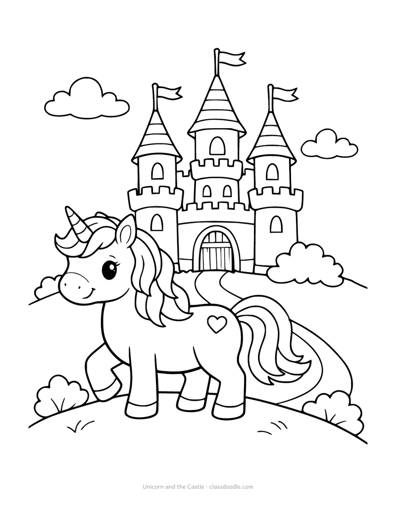 Unicorn castle coloring page with a unicorn on a hill and three towers