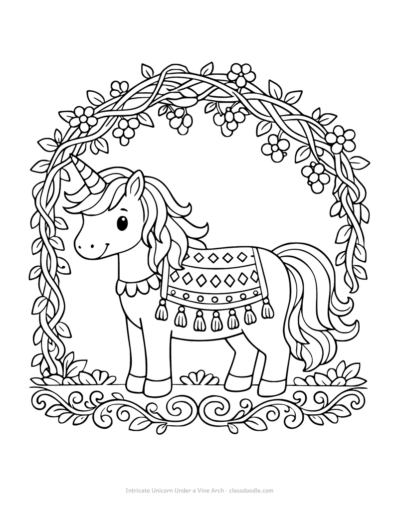 Unicorn coloring page for adults with a vine arch and a patterned blanket