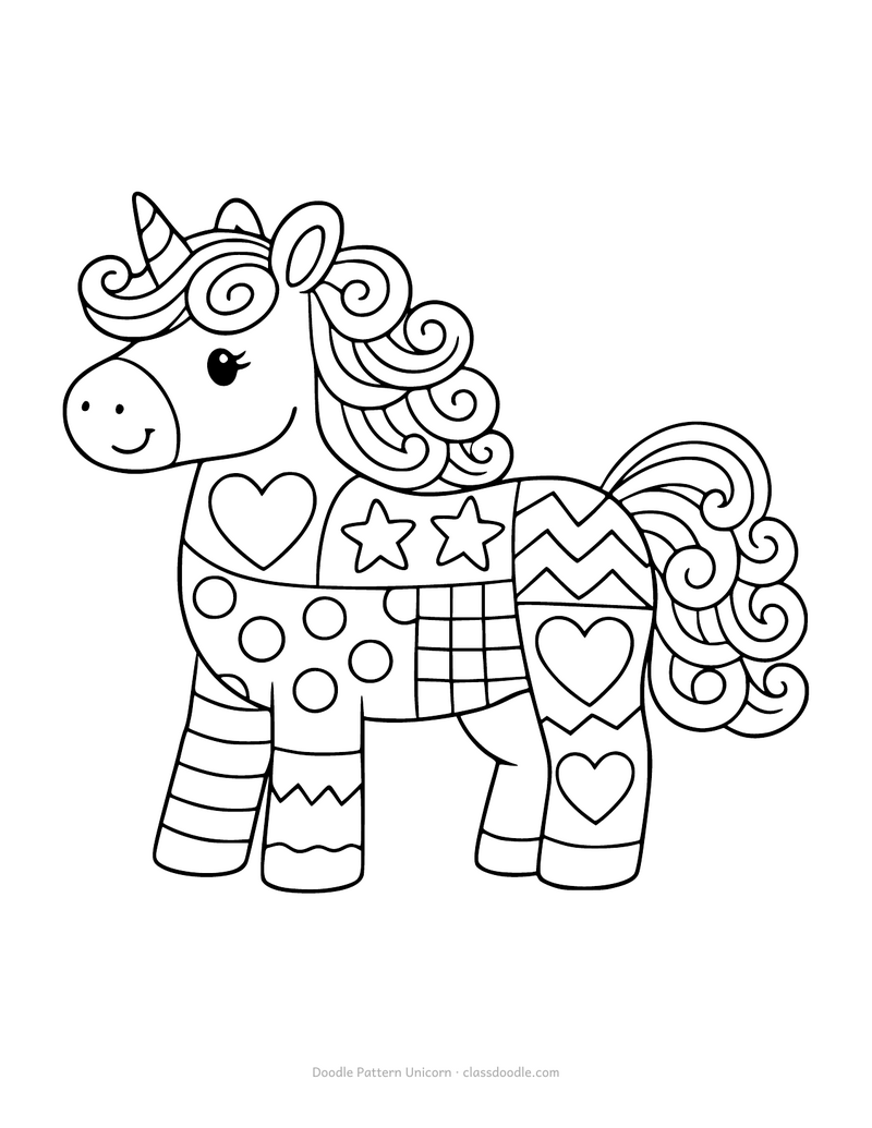 Doodle unicorn coloring page with stars, spots and stripes inside
