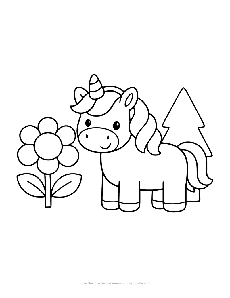 Easy unicorn coloring sheet with a flower and a tree in simple shapes