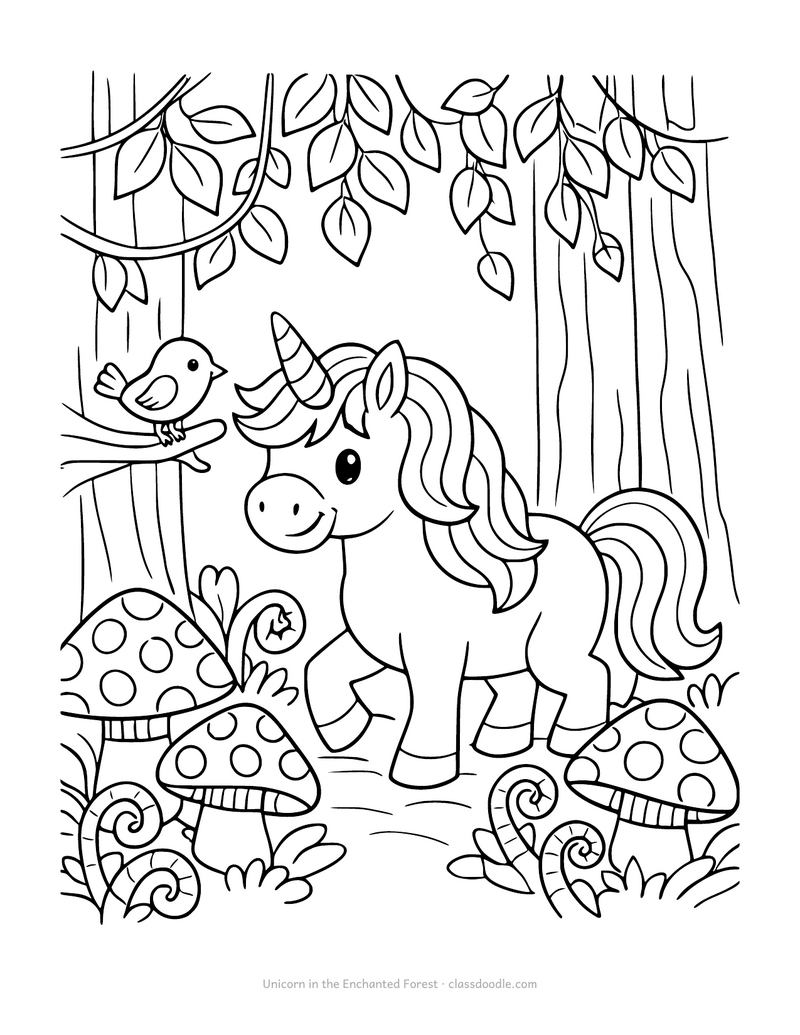Unicorn coloring page in an enchanted forest with toadstools and ferns