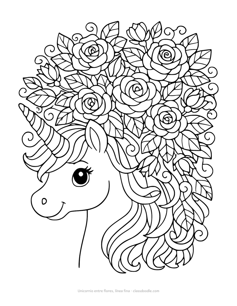 Unicornio detallado para colorear con la melena de rosas y hojas
