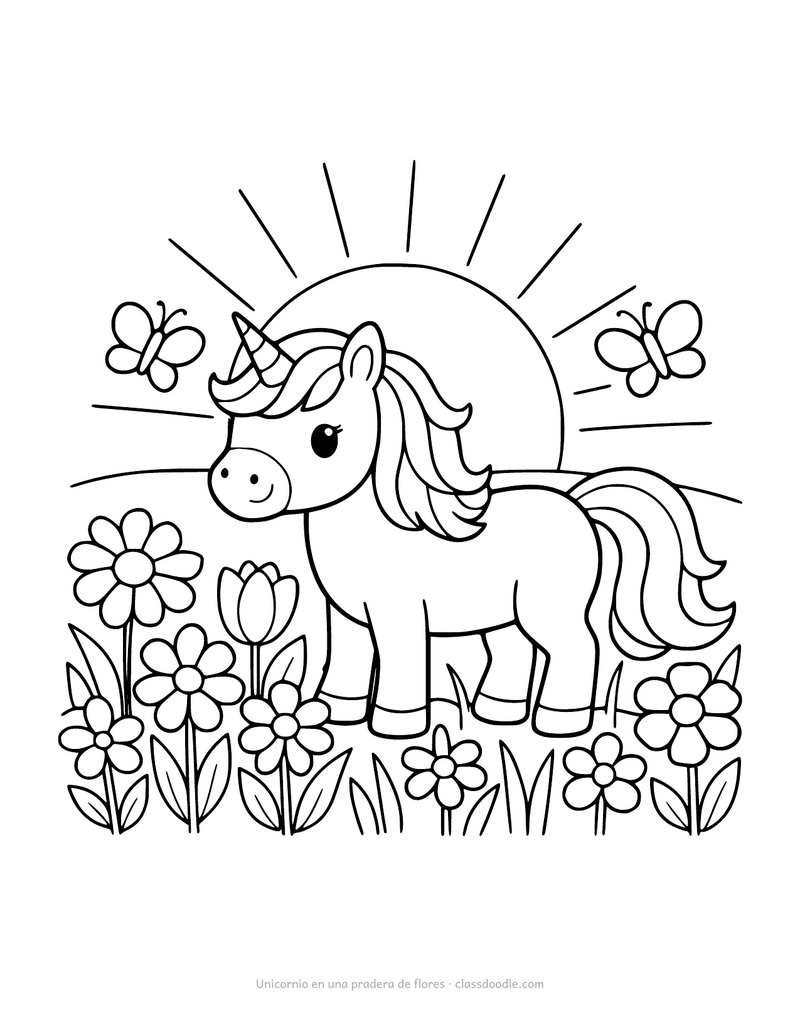 Unicornio para colorear en una pradera de flores con mariposas