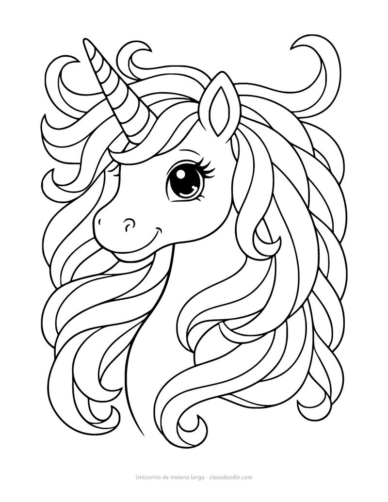 Unicornio para colorear con una melena larga que llena la hoja
