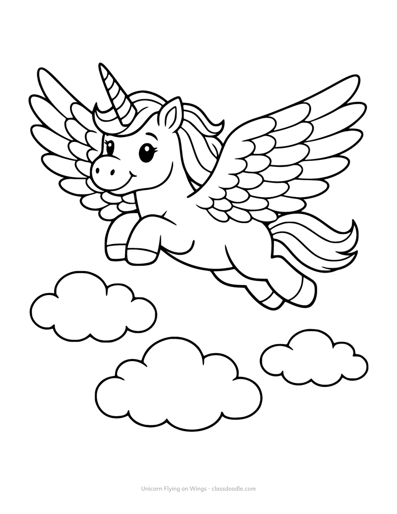 Flying unicorn coloring page with feathered wings spread over the clouds