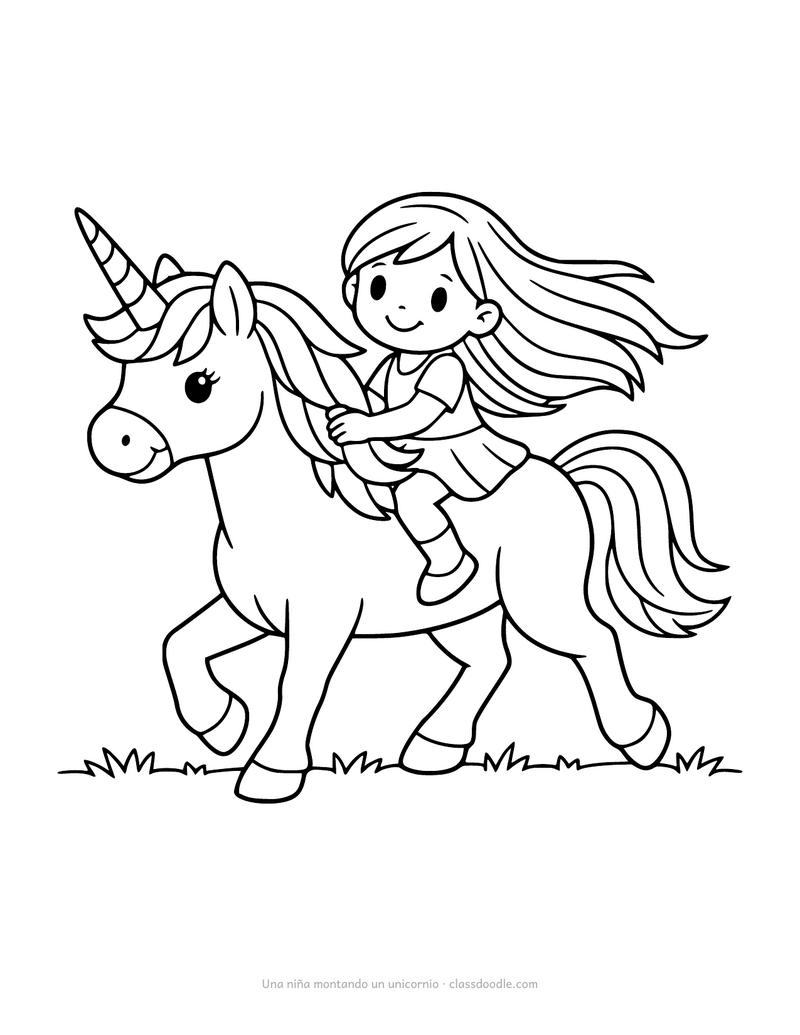 Dibujo para colorear de una niña montando un unicornio