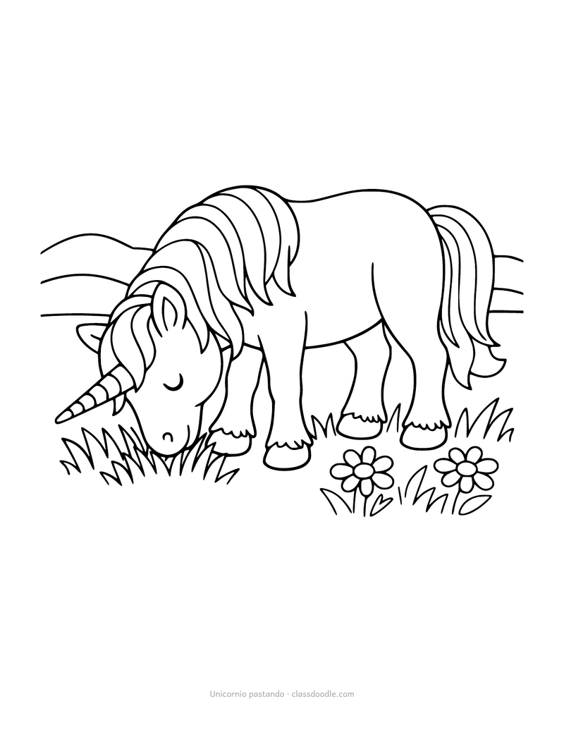 Unicornio para colorear pastando entre hierba alta y margaritas