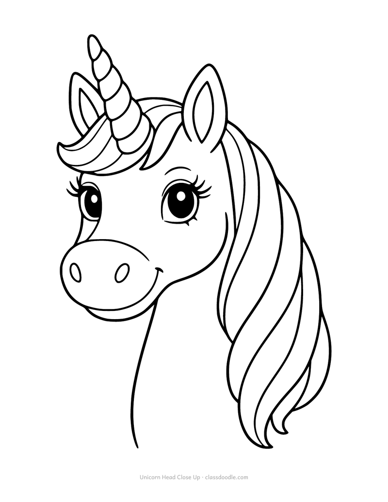 Unicorn head coloring page with a close up of the spiralled horn